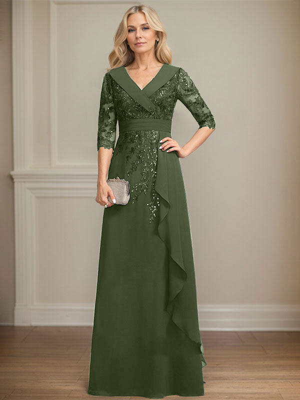 Vestido de madre de la novia de gasa con encaje, escote en V, corte A y largo hasta el suelo, con lentejuelas y volantes en cascada