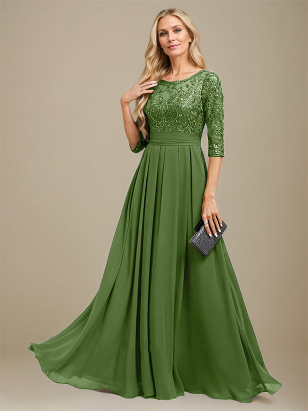 Vestido de madre de la novia de gasa con encaje, corte A, largo hasta el suelo y apliques de lentejuelas