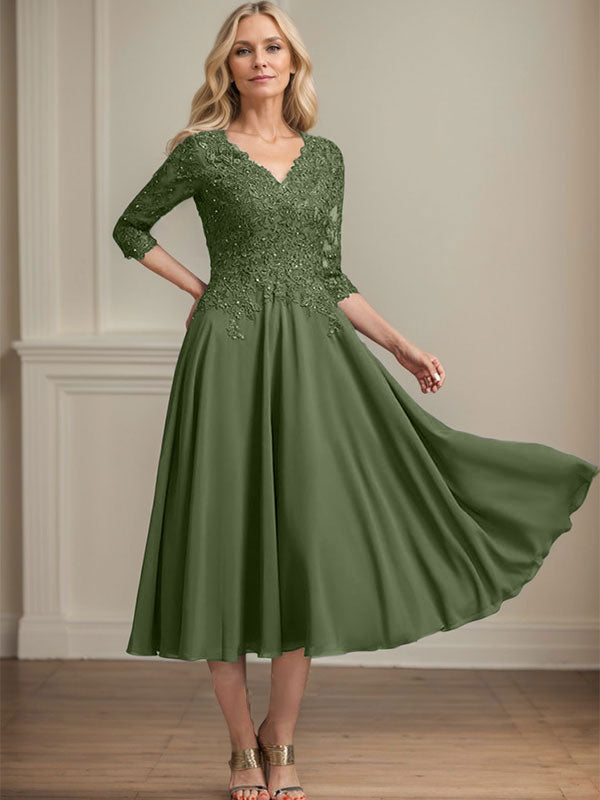 A-Linie, V-Ausschnitt, knielang, Chiffon, Spitze, Kleid für die Brautmutter mit Perlen und Pailletten