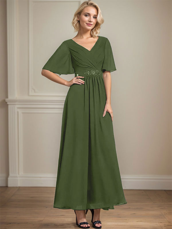 A-Linien-Kleid aus Chiffon mit V-Ausschnitt und Knöchellänge für die Brautmutter mit plissierten Perlen und Pailletten