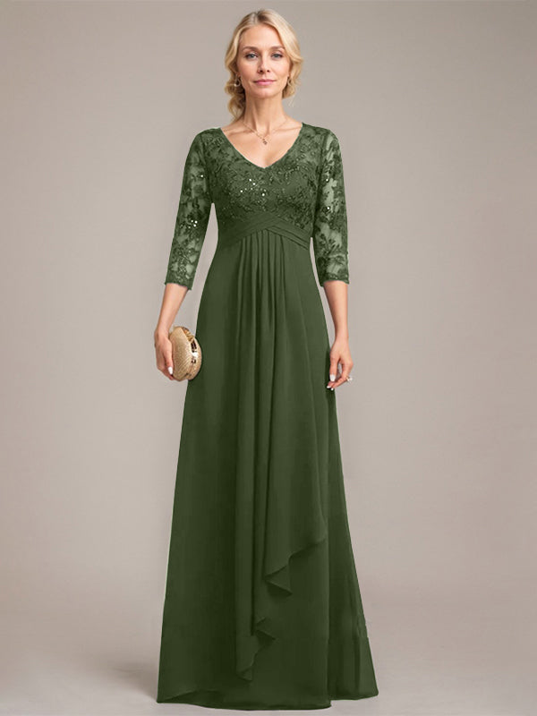 A-Linie, V-Ausschnitt, bodenlanges Chiffon-Kleid für die Brautmutter mit kaskadierenden Rüschen und Pailletten