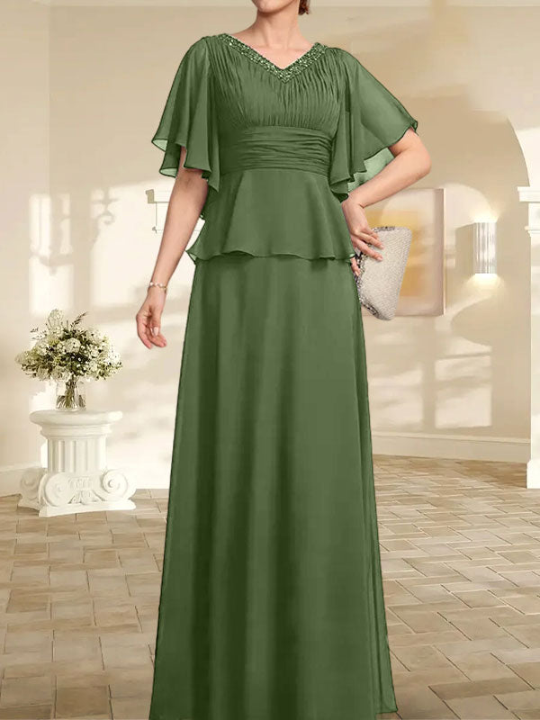 A-Linie, V-Ausschnitt, bodenlanges Chiffonkleid für die Brautmutter mit plissierter Perlenstickerei