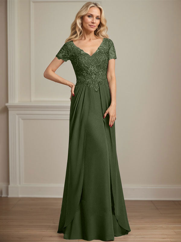 A-Linie V-Ausschnitt Bodenlanges Chiffon-Spitzenkleid für die Brautmutter