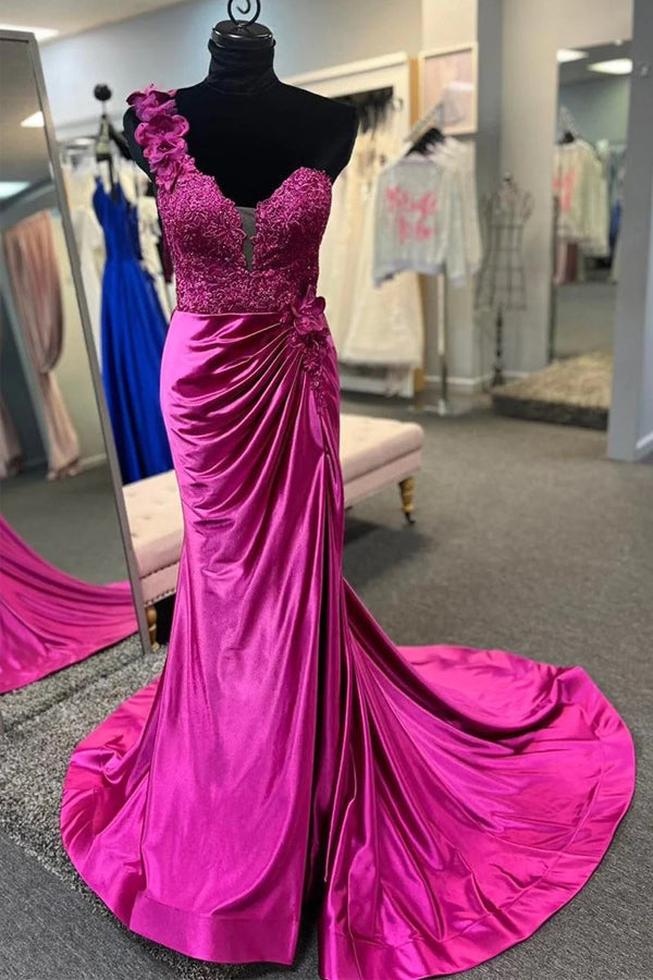 Vestido de fiesta rojo plisado con encaje floral 3D de un solo hombro y abertura