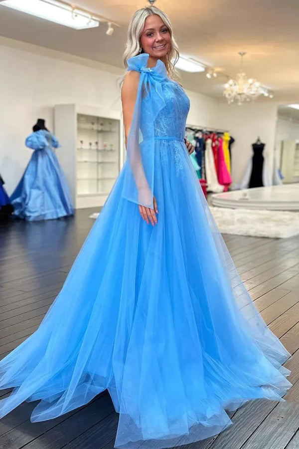 Vestidos de fiesta largos de encaje azul con un hombro y abertura