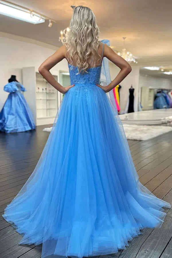 Vestidos de fiesta largos de encaje azul con un hombro y abertura