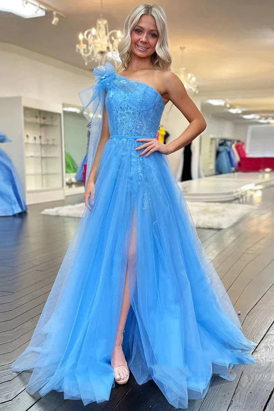 Vestidos de fiesta largos de encaje azul con un hombro y abertura