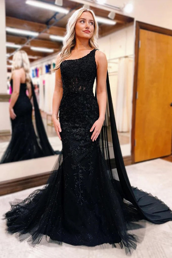 Vestido de fiesta formal de sirena con un hombro al descubierto y encaje negro