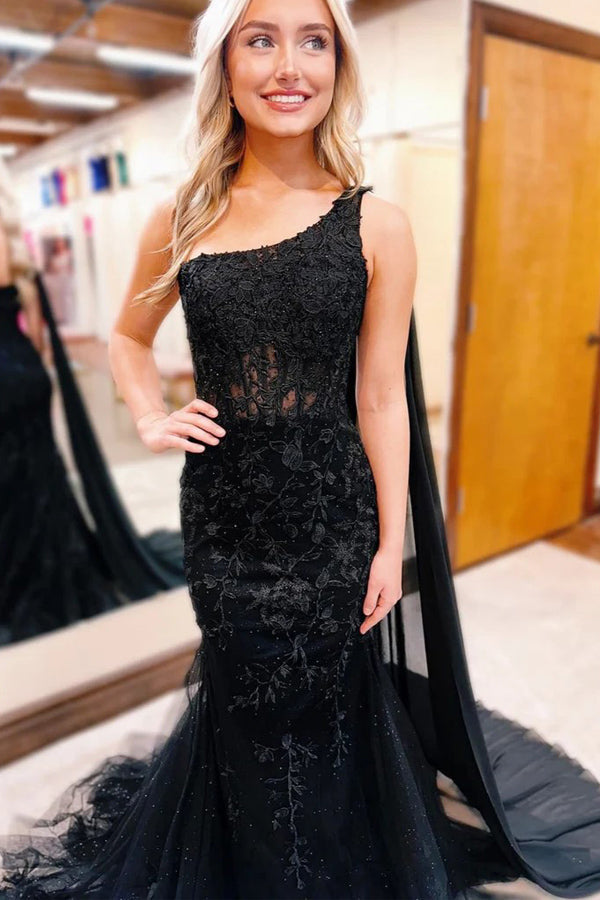 Vestido de fiesta formal de sirena con un hombro al descubierto y encaje negro
