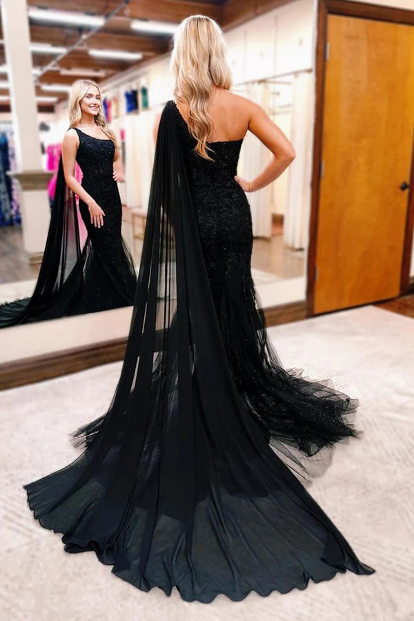 Vestido de fiesta formal de sirena con un hombro al descubierto y encaje negro