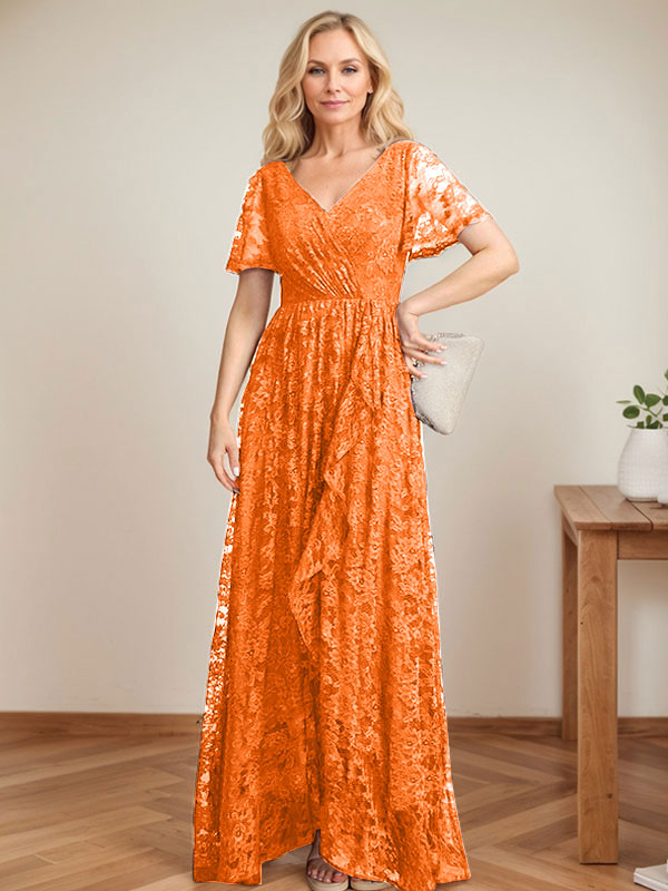 A-Linien-Kleid mit V-Ausschnitt, asymmetrischer Spitze für die Brautmutter mit kaskadierenden Rüschen