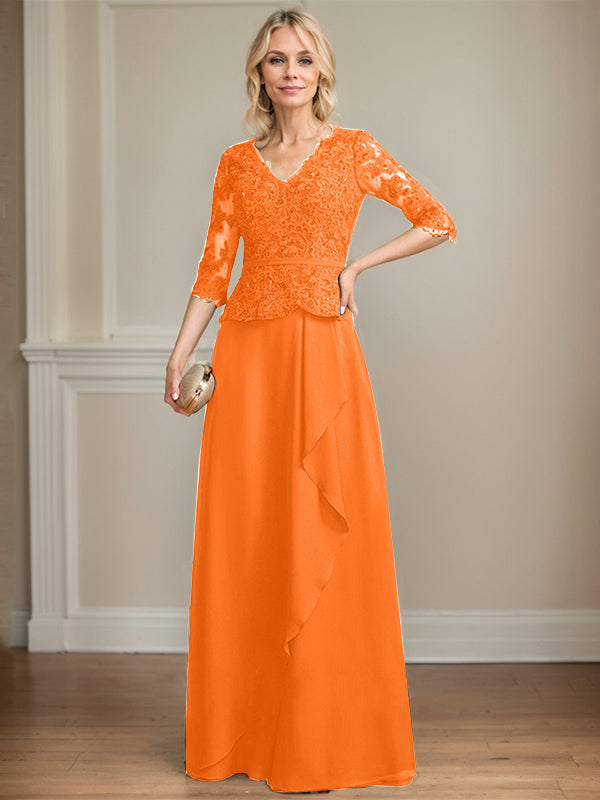 A-Linie, V-Ausschnitt, bodenlanges Chiffon-Kleid für die Brautmutter mit kaskadierenden Rüschen und Pailletten