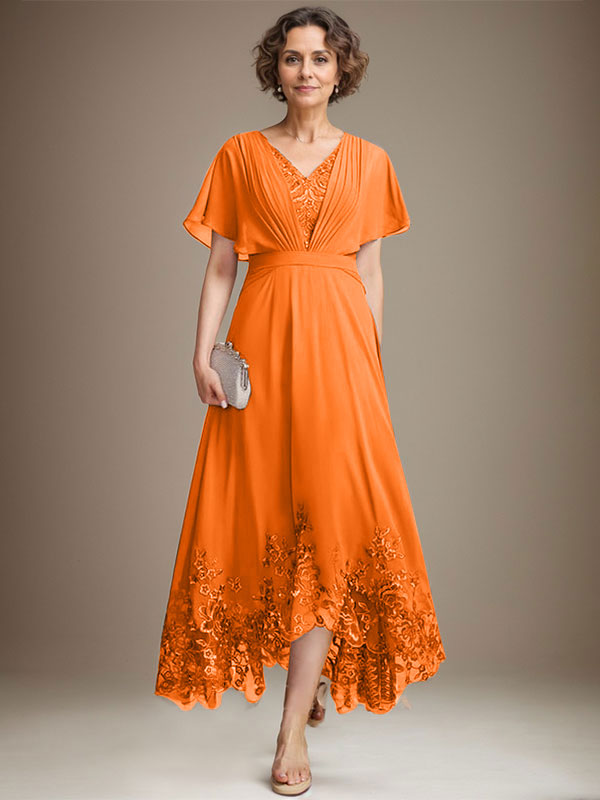 A-Linie V-Ausschnitt Asymmetrisches Spitzen-Chiffon-Kleid für die Brautmutter mit Plissee