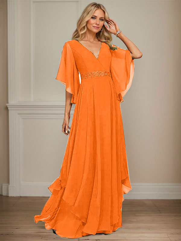A-Linie V-Ausschnitt Bodenlang Chiffon Kleid für die Brautmutter mit Pailletten Applikationen Spitze Perlen