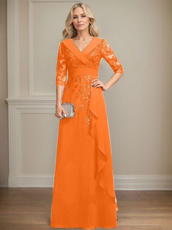 Vestido de madre de la novia de gasa con encaje, escote en V, corte A y largo hasta el suelo, con lentejuelas y volantes en cascada