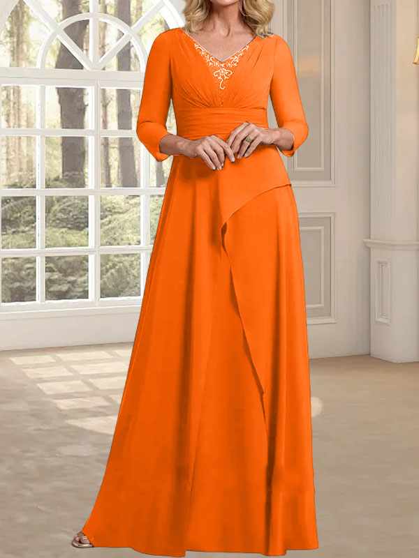 A-Linie, V-Ausschnitt, bodenlanges Chiffonkleid für die Brautmutter mit plissierter Perlenstickerei