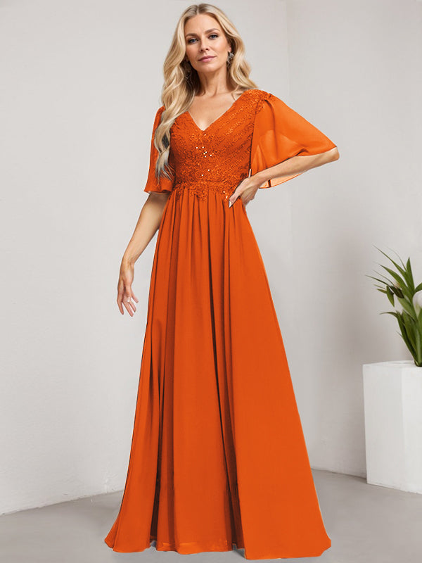 A-Linie V-Ausschnitt Bodenlanges Spitzen-Chiffon-Kleid für die Brautmutter mit Pailletten