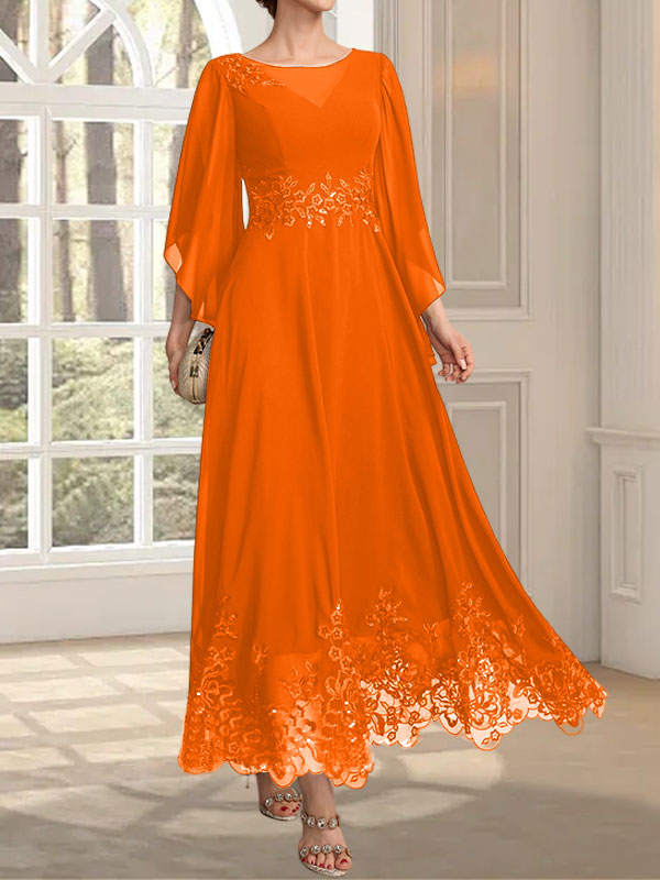 Vestido de gasa con encaje y lentejuelas para madre de la novia, corte A, escote ilusión, largo hasta los tobillos