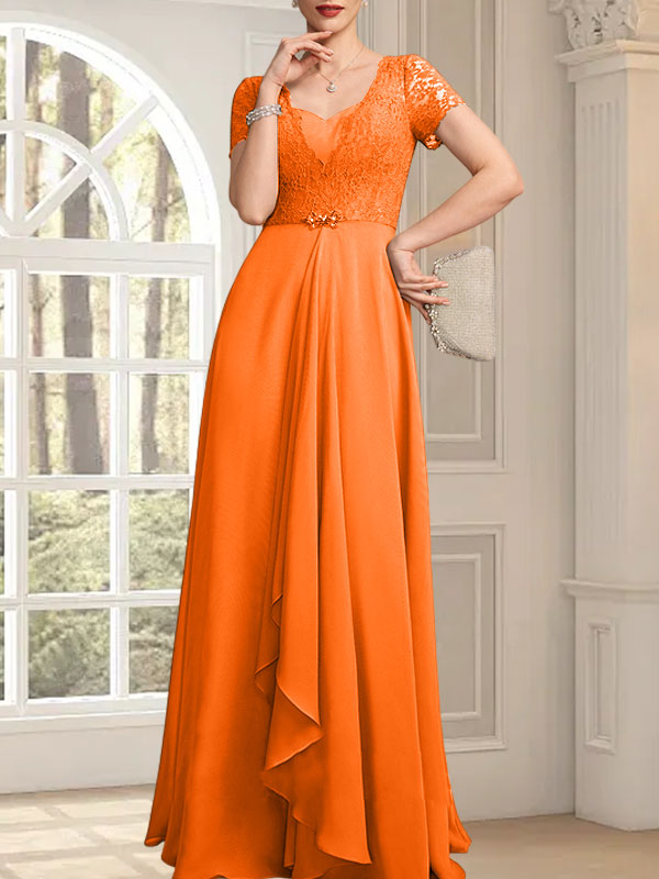 A-Linie, Herzausschnitt, bodenlang, Chiffon, Spitze, Kleid für die Brautmutter mit Perlenbesatz, kaskadierenden Rüschen