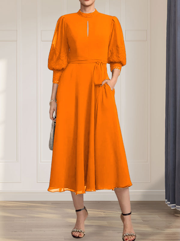 Vestido de gasa con encaje, cuello alto, largo hasta la rodilla, para madre de la novia con lazo