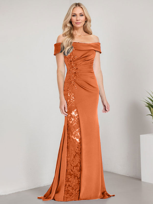 Vestido de sirena con hombros descubiertos, largo hasta el suelo, para madre de la novia, con apliques y cuentas, y abertura alta