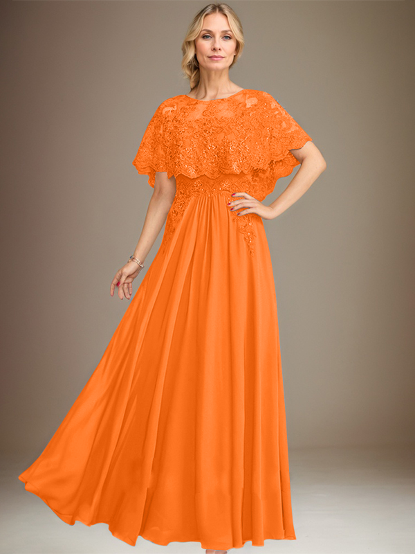 Vestido de madre de la novia de gasa con encaje, escote barco, largo hasta el suelo, con apliques de lentejuelas