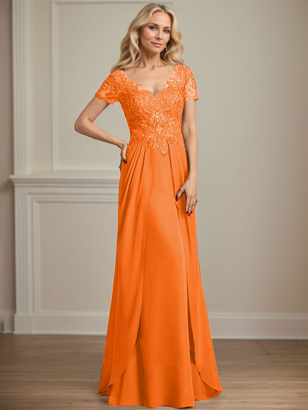 A-Linie V-Ausschnitt Bodenlanges Chiffon-Spitzenkleid für die Brautmutter