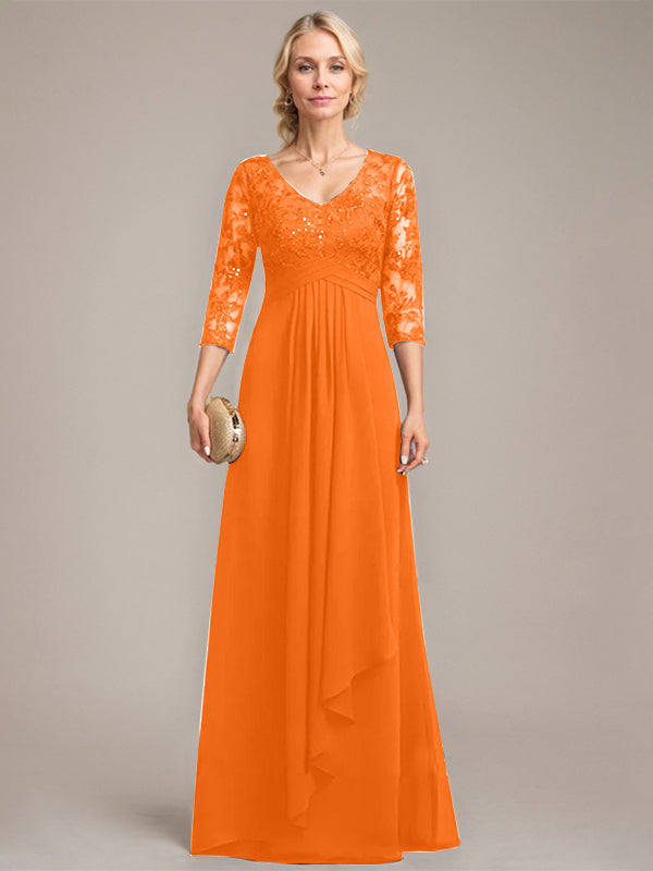 A-Linie, V-Ausschnitt, bodenlanges Chiffon-Kleid für die Brautmutter mit kaskadierenden Rüschen und Pailletten