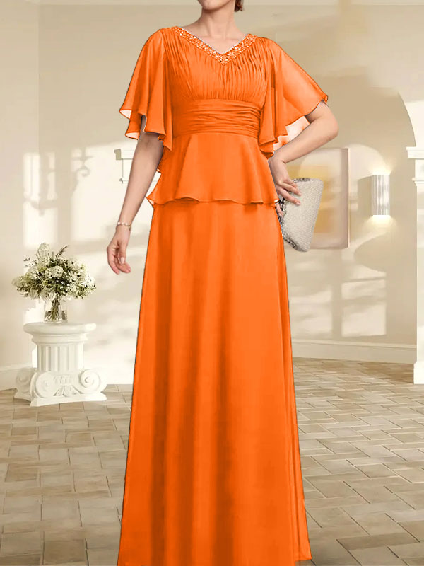 A-Linie, V-Ausschnitt, bodenlanges Chiffonkleid für die Brautmutter mit plissierter Perlenstickerei