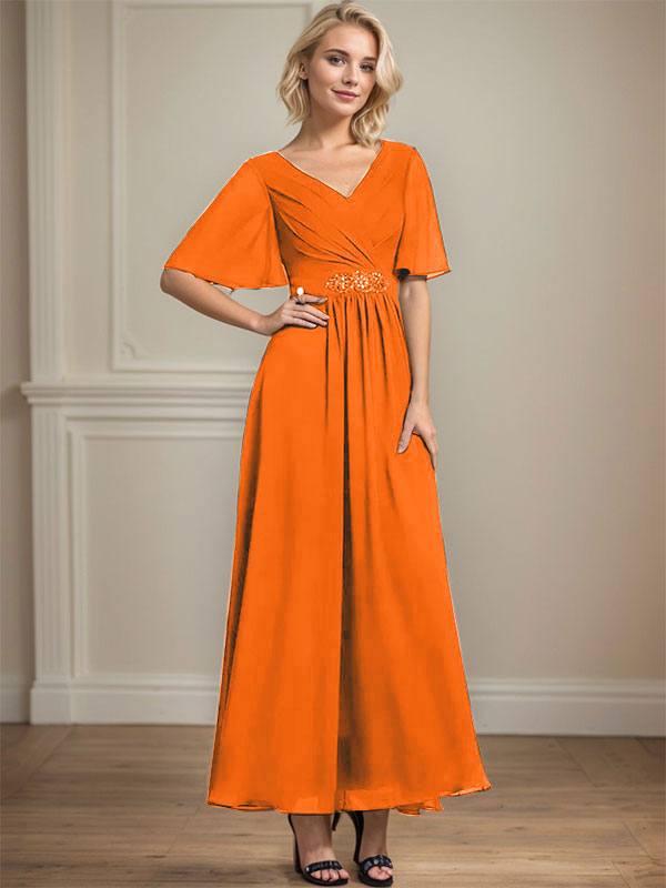 A-Linien-Kleid aus Chiffon mit V-Ausschnitt und Knöchellänge für die Brautmutter mit plissierten Perlen und Pailletten