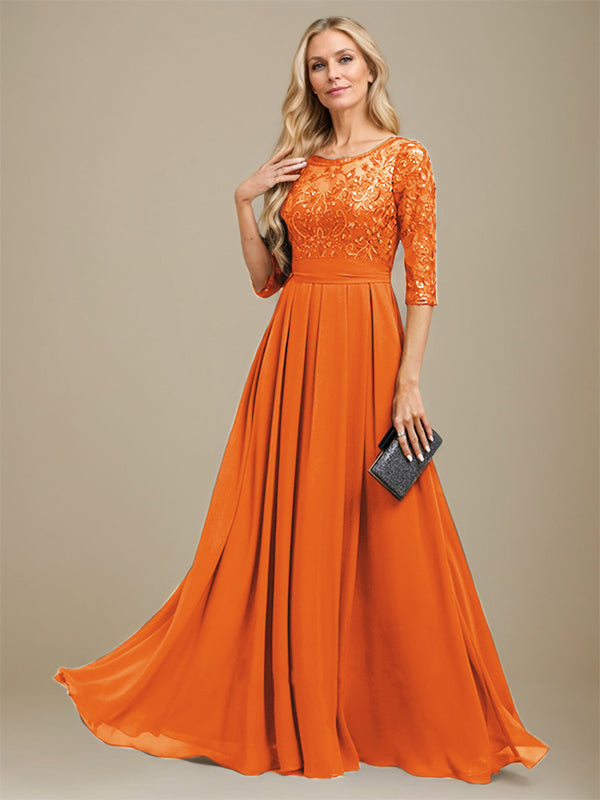 Vestido de madre de la novia de gasa con encaje, corte A, largo hasta el suelo y apliques de lentejuelas