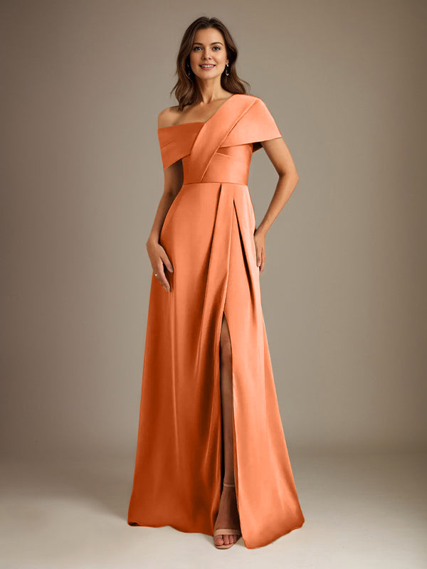 Vestido de madre de la novia de satén con escote asimétrico en forma de A y largo hasta el suelo con pliegues