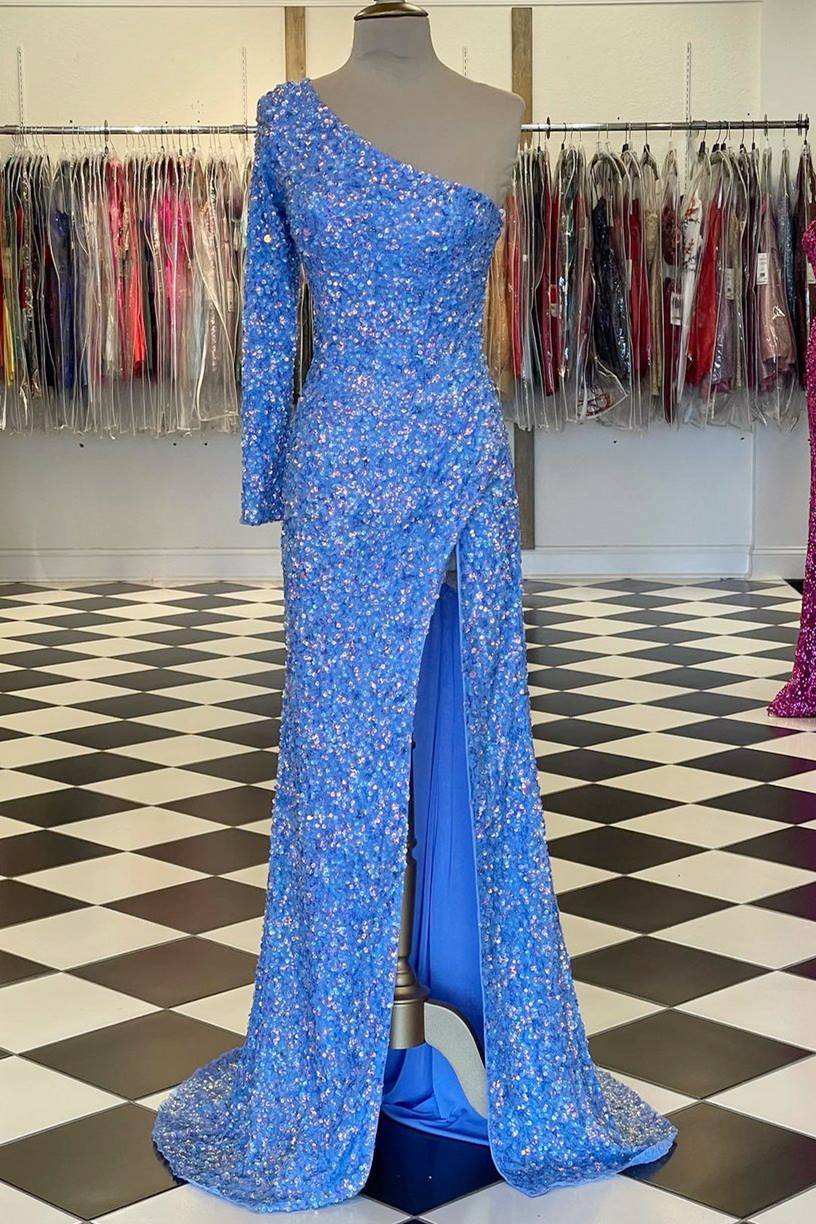 Vestido formal largo con lentejuelas azul Tiffany, manga larga y un solo hombro