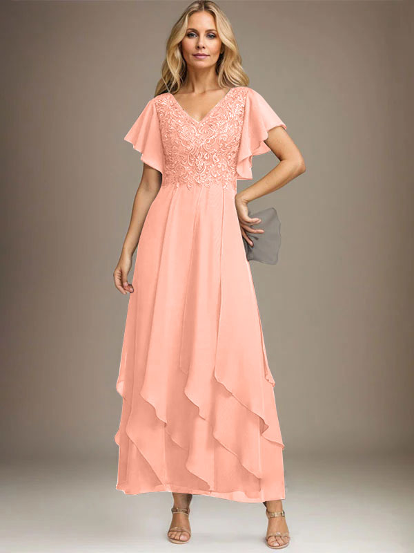 A-Linien-Kleid mit V-Ausschnitt, knöchellang, Spitzenchiffon und kaskadierenden Rüschen