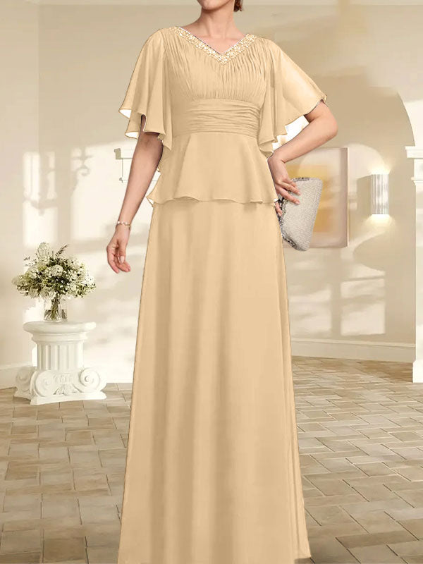 A-Linie, V-Ausschnitt, bodenlanges Chiffonkleid für die Brautmutter mit plissierter Perlenstickerei