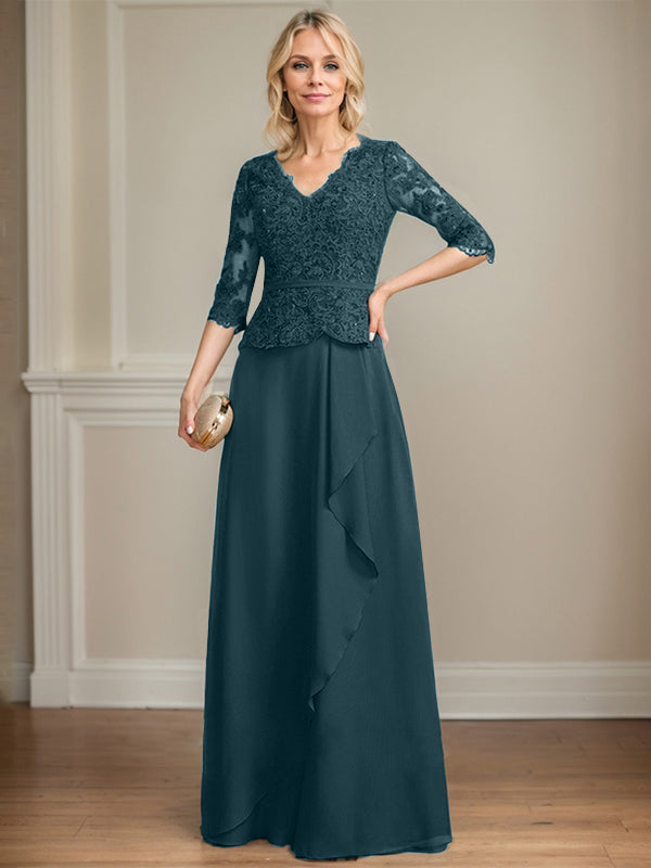 A-Linie, V-Ausschnitt, bodenlanges Chiffon-Kleid für die Brautmutter mit kaskadierenden Rüschen und Pailletten