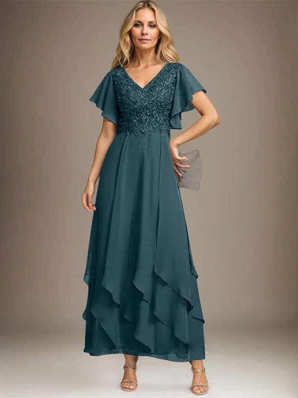 A-Linien-Kleid mit V-Ausschnitt, knöchellang, Spitzenchiffon und kaskadierenden Rüschen