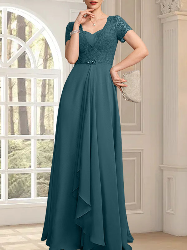 A-Linie, Herzausschnitt, bodenlang, Chiffon, Spitze, Kleid für die Brautmutter mit Perlenbesatz, kaskadierenden Rüschen
