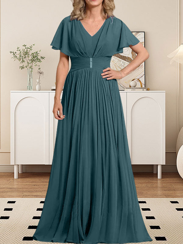 A-Linie V-Ausschnitt Bodenlang Chiffon Mutter der Braut Kleid Mit Kristall Brosche Plissee
