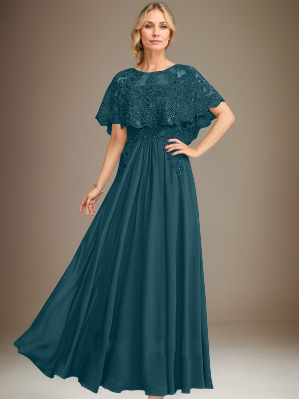 Vestido de madre de la novia de gasa con encaje, escote barco, largo hasta el suelo, con apliques de lentejuelas