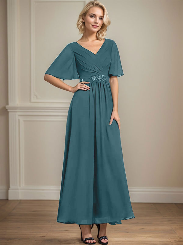 A-Linien-Kleid aus Chiffon mit V-Ausschnitt und Knöchellänge für die Brautmutter mit plissierten Perlen und Pailletten