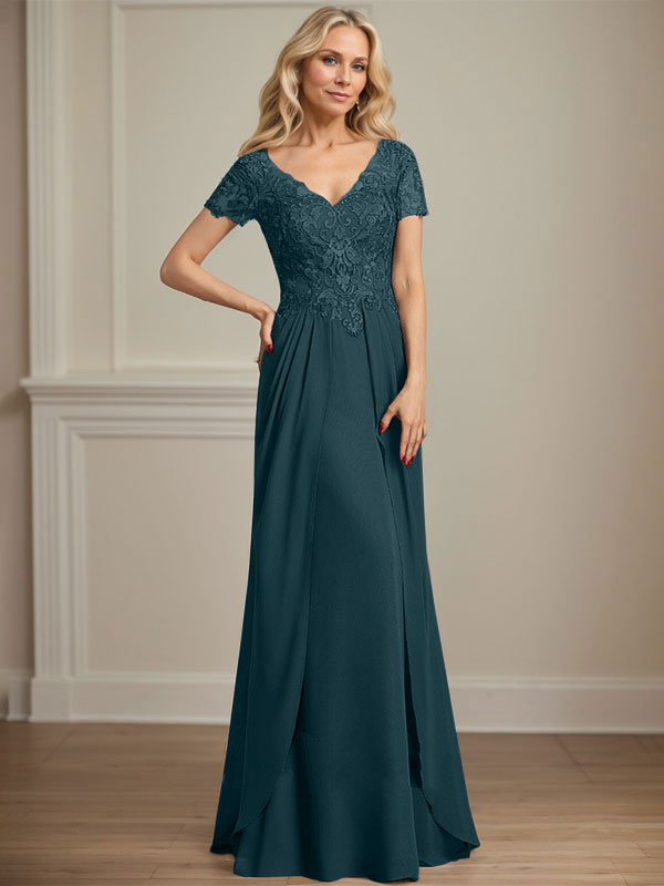 A-Linie V-Ausschnitt Bodenlanges Chiffon-Spitzenkleid für die Brautmutter