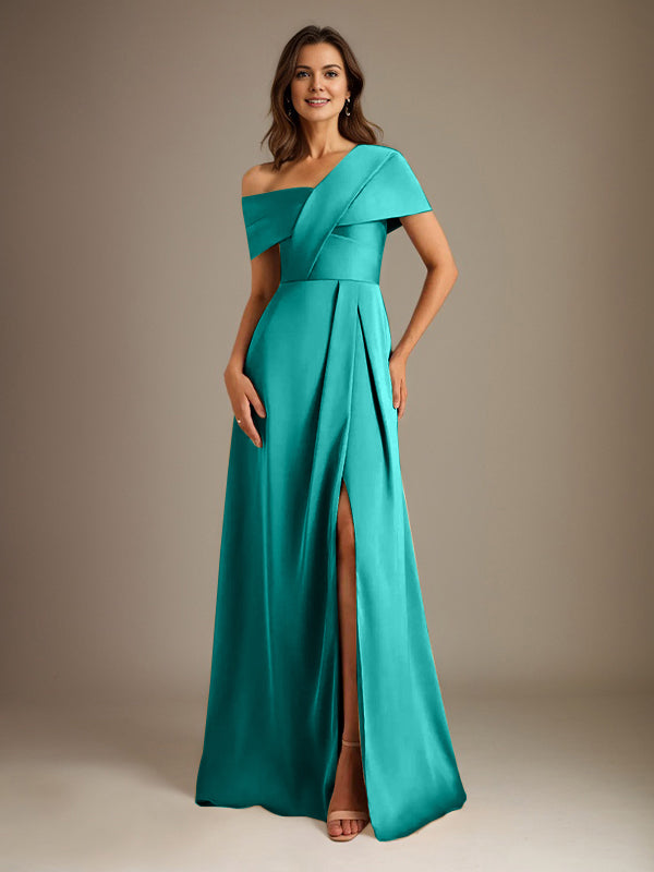 Vestido de madre de la novia de satén con escote asimétrico en forma de A y largo hasta el suelo con pliegues