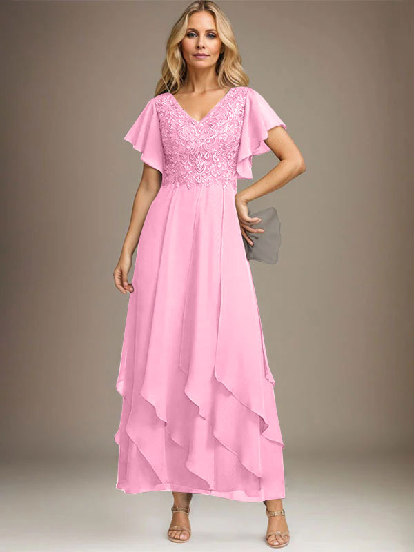 A-Linien-Kleid mit V-Ausschnitt, knöchellang, Spitzenchiffon und kaskadierenden Rüschen