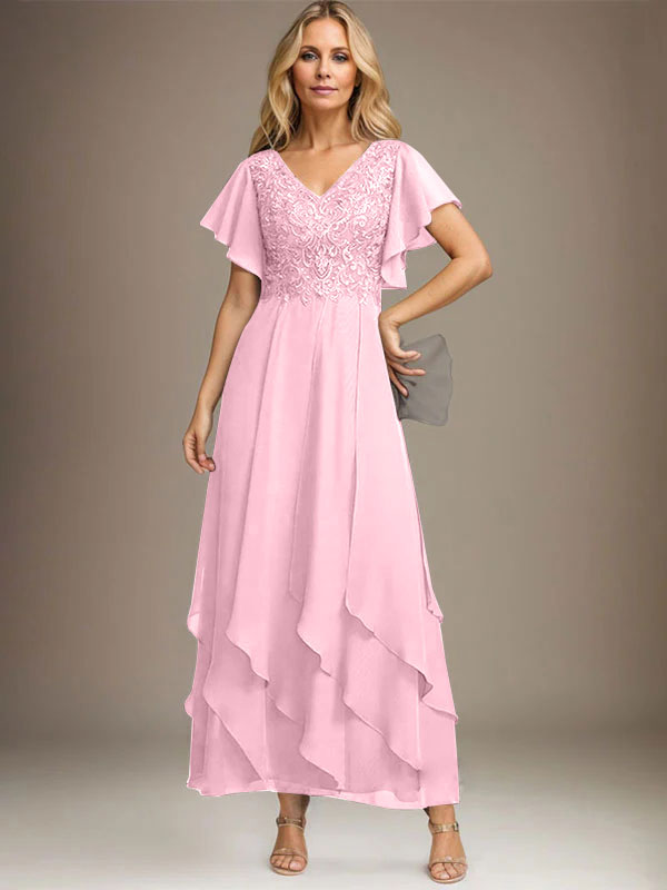 A-Linien-Kleid mit V-Ausschnitt, knöchellang, Spitzenchiffon und kaskadierenden Rüschen
