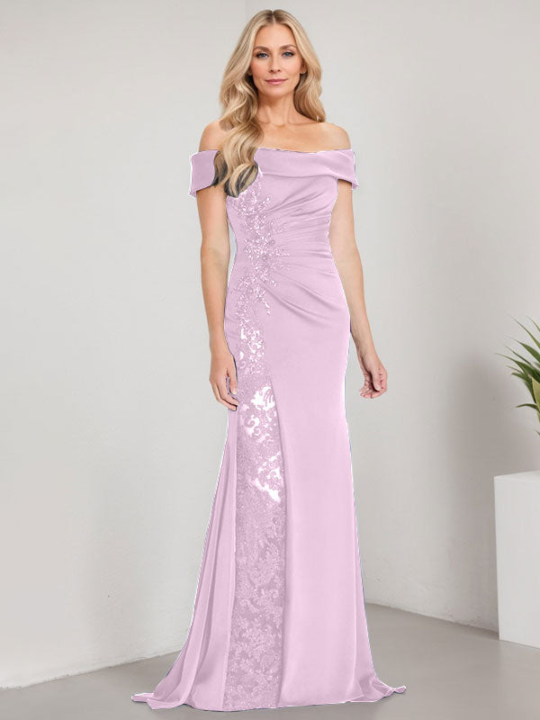 Vestido de sirena con hombros descubiertos, largo hasta el suelo, para madre de la novia, con apliques y cuentas, y abertura alta