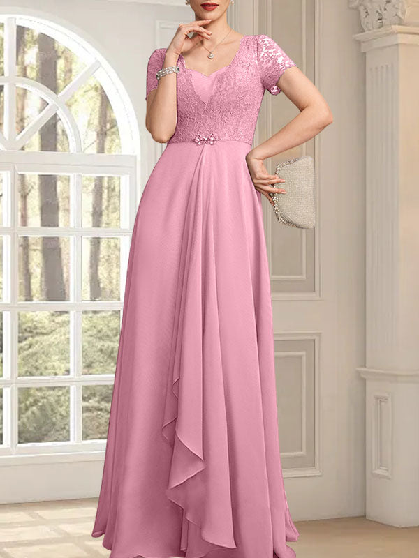 A-Linie, Herzausschnitt, bodenlang, Chiffon, Spitze, Kleid für die Brautmutter mit Perlenbesatz, kaskadierenden Rüschen
