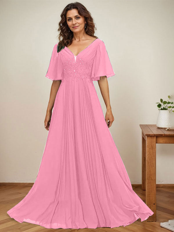 A-Linie V-Ausschnitt Bodenlang Chiffon Mutter der Braut Kleid Mit Pailletten Applikationen Spitze Plissee