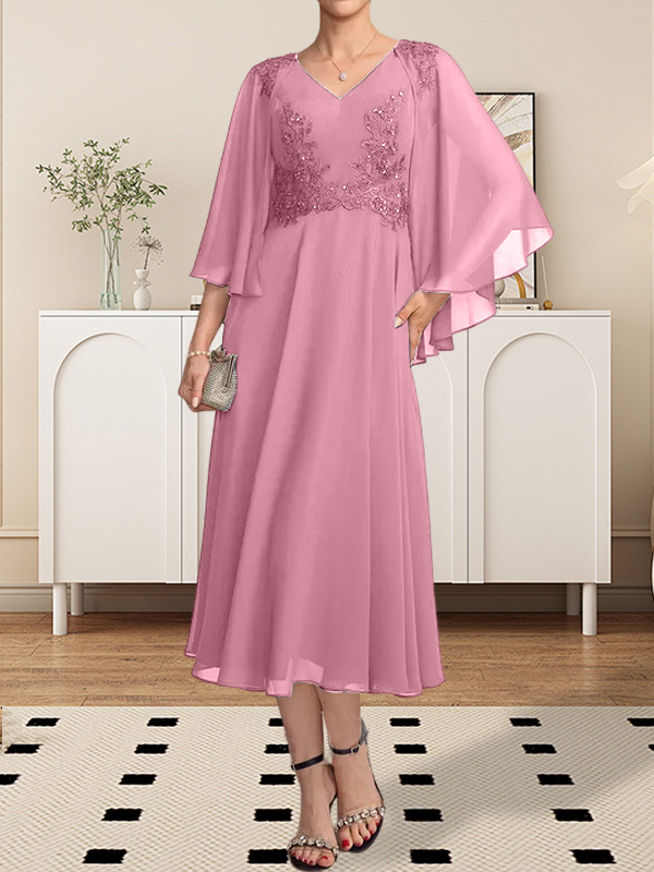 A-Linie, V-Ausschnitt, knielang, Chiffon, Spitze, Kleid für die Brautmutter mit Perlen und Pailletten
