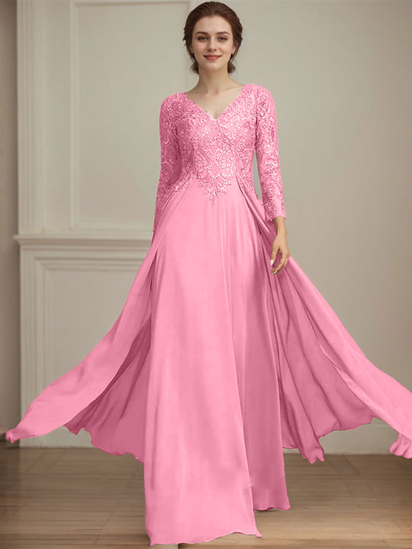 A-Linie V-Ausschnitt Bodenlanges Spitzen-Chiffon-Kleid für die Brautmutter mit Pailletten